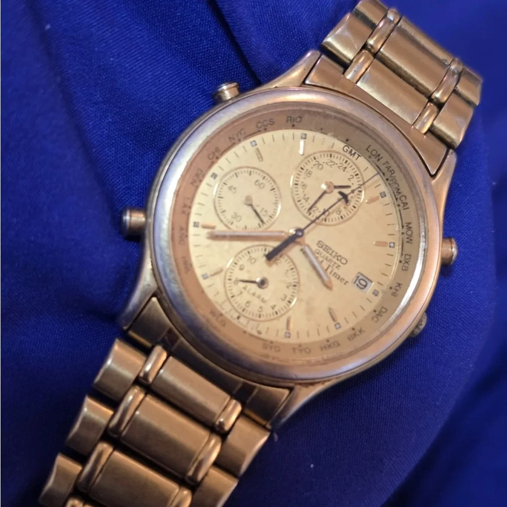 Seiko World Time Gold Tone Mens Watch For Parts Or Repair 7T52-6A29